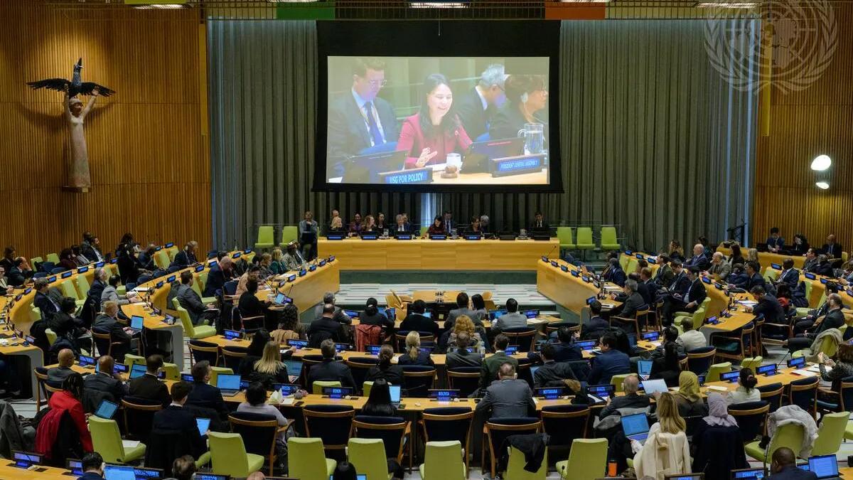 Delegates gathered in a United Nations conference chamber in New York