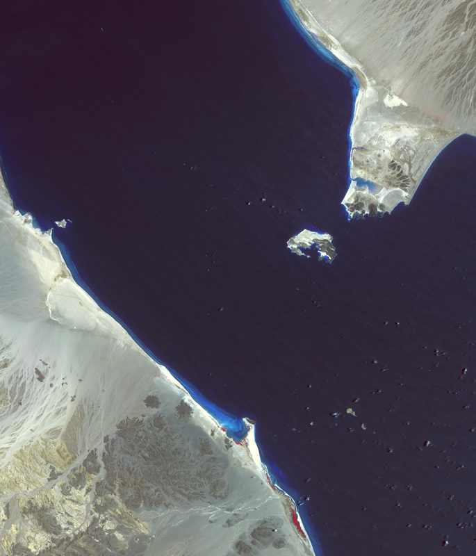Satellite view of the Bab el-Mandeb strait connecting the Red Sea to the Gulf of Aden, the southern chokepoint for tankers loading at Saudi Arabia's Yanbu terminal.