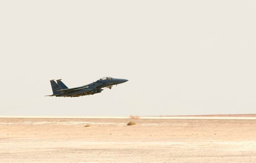 An F-15E Strike Eagle takes off from Prince Sultan Air Base in Saudi Arabia — file photo illustrating the airpower behind the Yemen air campaign