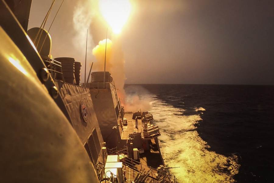 USS Carney engages Houthi missiles and drones over the Red Sea in this October 2023 U.S. Navy photo, as the Houthi campaign against Saudi Arabia and shipping intensifies