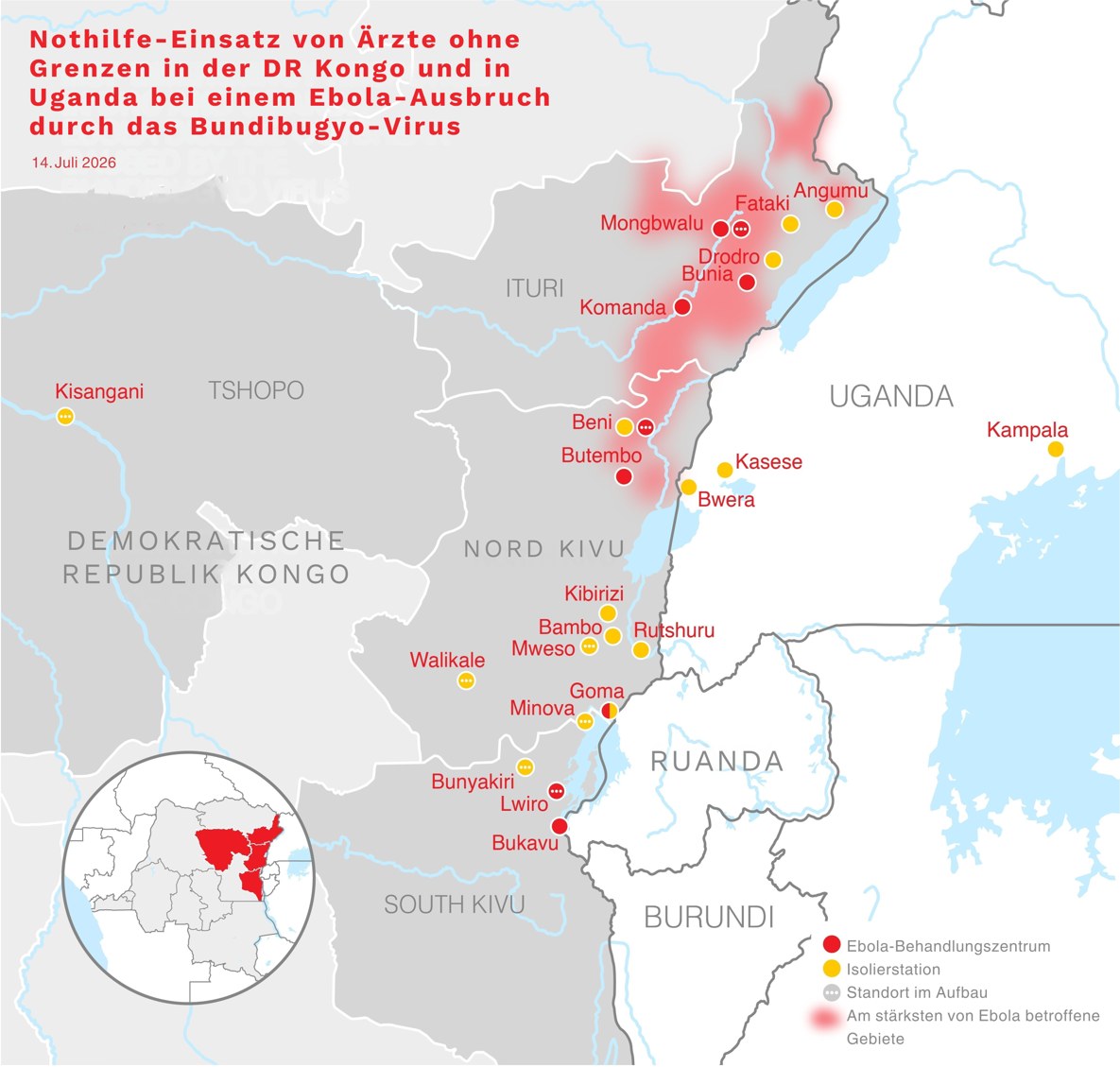 Map of the Bundibugyo Ebola outbreak in eastern DR Congo and Uganda showing treatment centres and isolation stations