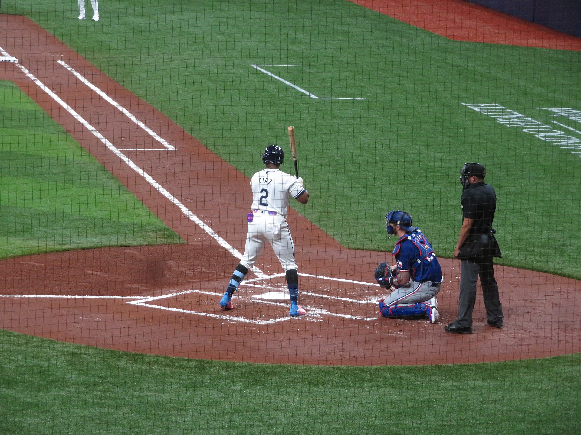 Yandy Diaz at the plate at Tropicana Field, whose ninth-inning double produced Tampa Bay's only run in the Brewers World Series Game 3 score