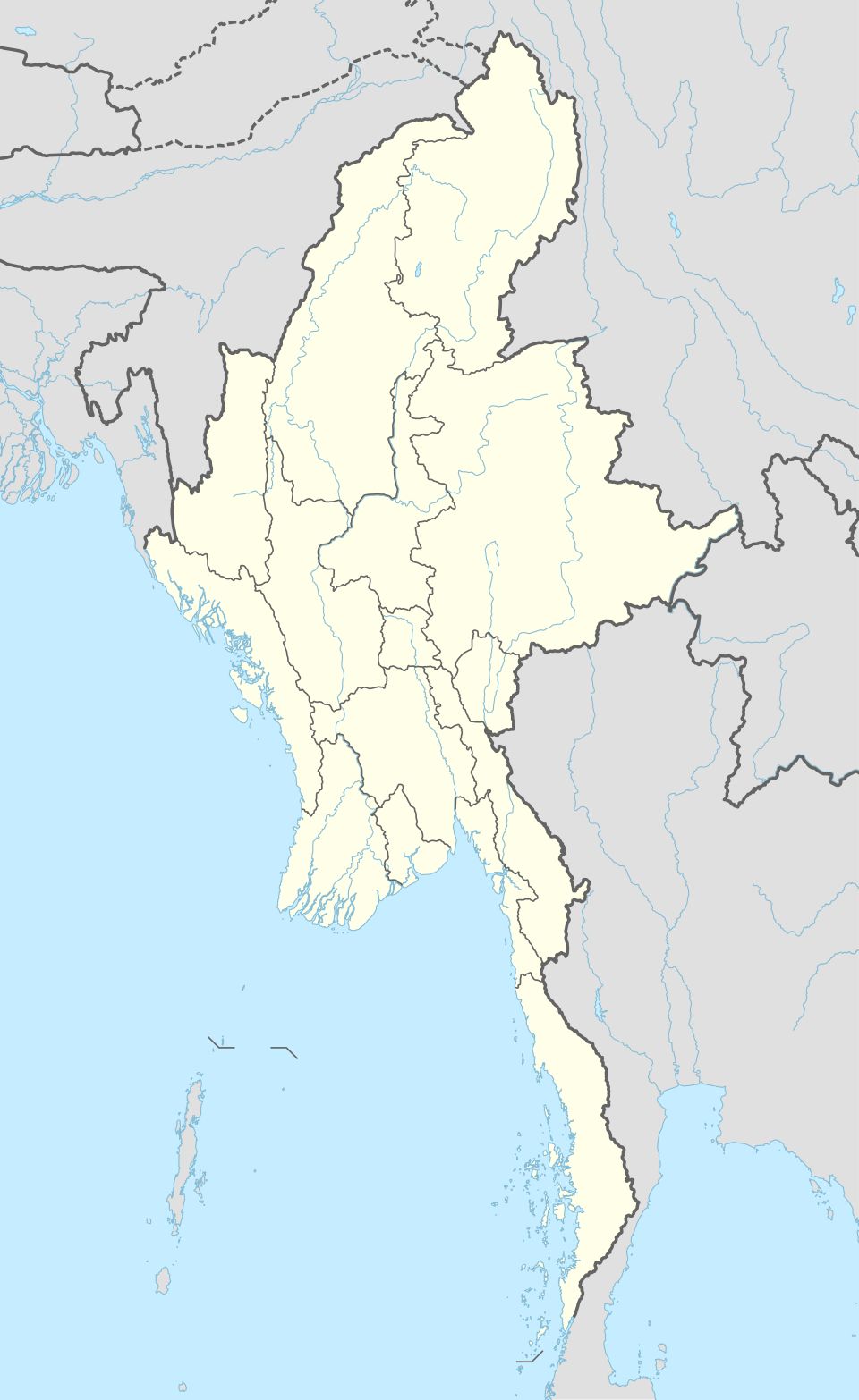 Administrative map of Myanmar showing state and regional boundaries, including Mon State and neighboring Bago Region