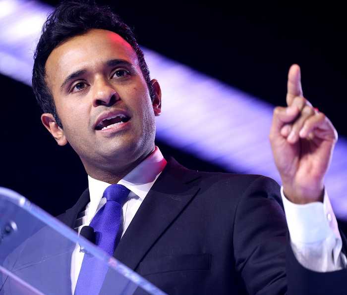 Vivek Ramaswamy speaking at a political event during the 2026 Ohio governor campaign