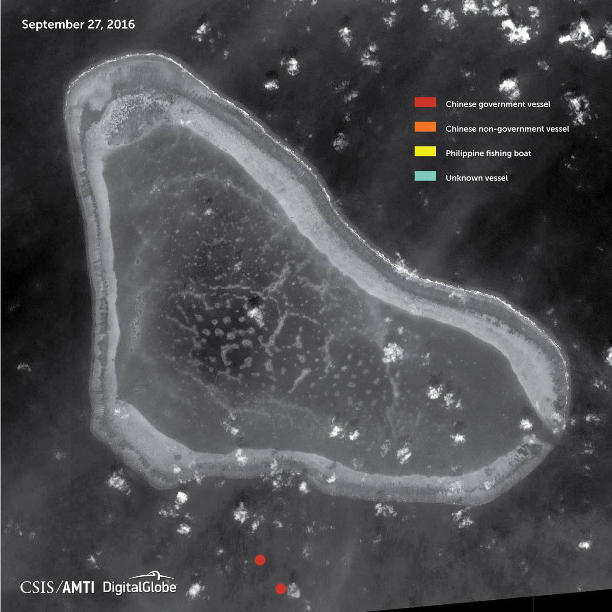 DigitalGlobe satellite image of Scarborough Shoal annotated by CSIS Asia Maritime Transparency Initiative showing Chinese government vessels, Chinese fishing boats, Philippine fishing boats and unidentified vessels