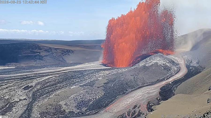 Wide daylight view across Kilauea’s summit caldera and active vent area