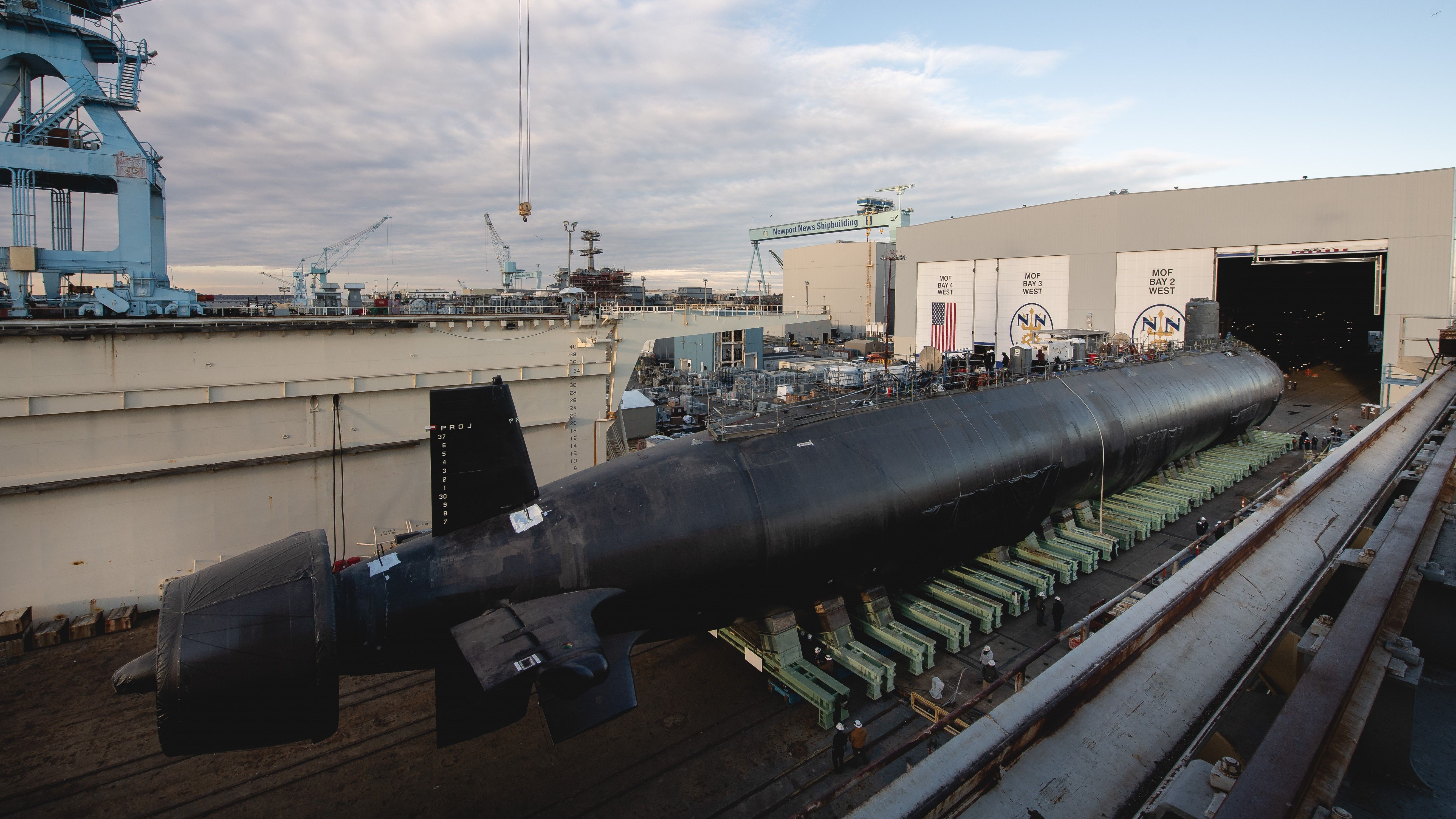 Virginia-class submarine Massachusetts moving from a Newport News Shipbuilding facility during production