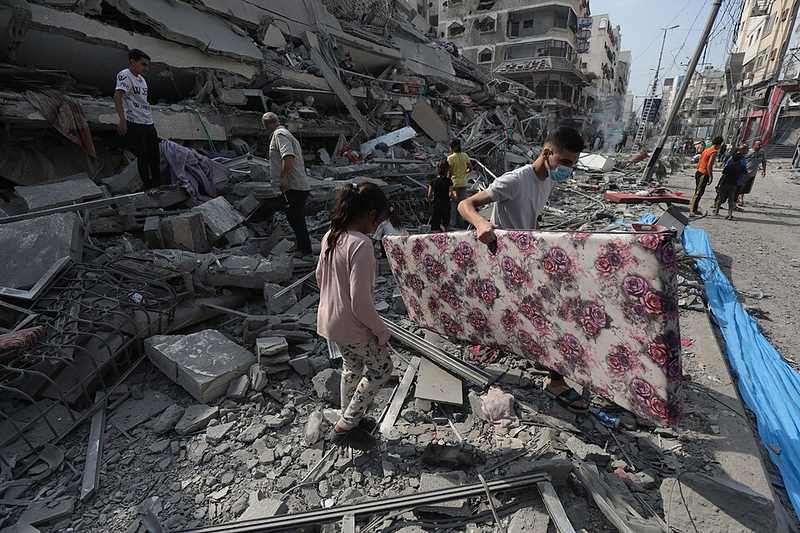 Aerial view of widespread building destruction in the Gaza Strip