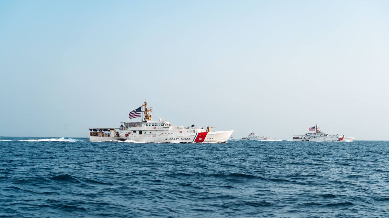U.S. Coast Guard fast response cutters transit the Strait of Hormuz in August 2022 — American naval presence in the waterway now under a U.S. blockade of Iranian ports