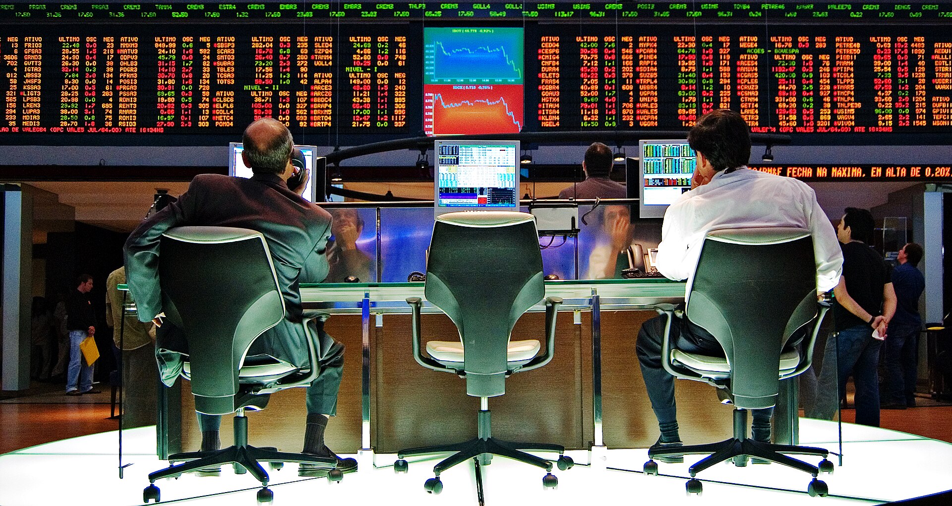 Traders at the Sao Paulo stock exchange in front of a falling index chart, in a file photo for the Brazil stock market crash after Lula's win
