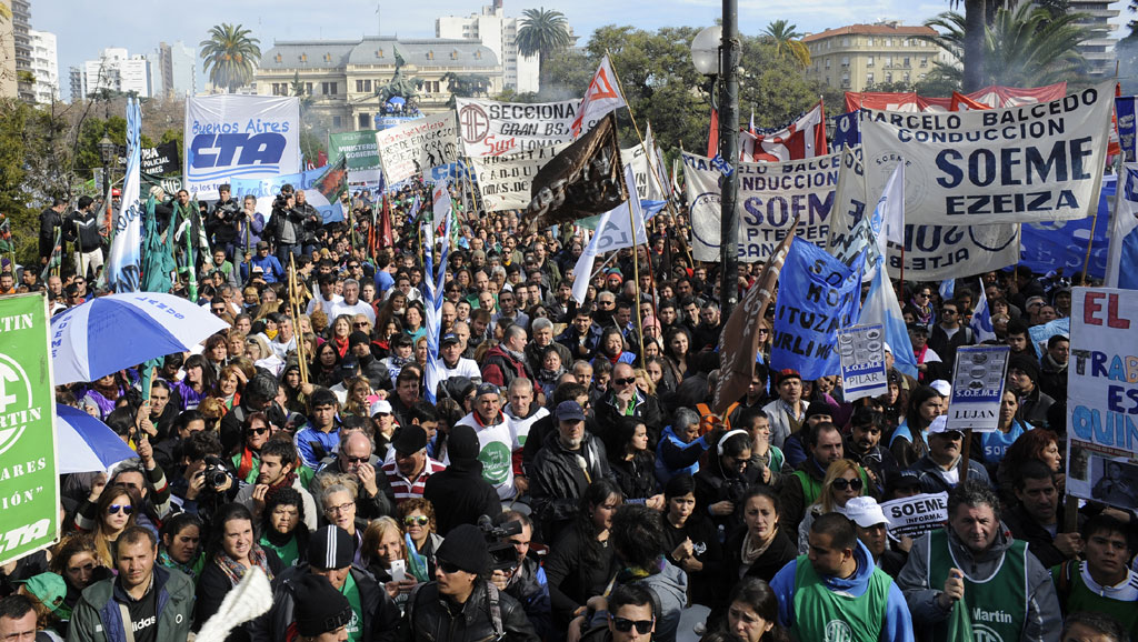 Crowds of demonstrators marching through Buenos Aires during the March of Anger protest against President Milei's policies