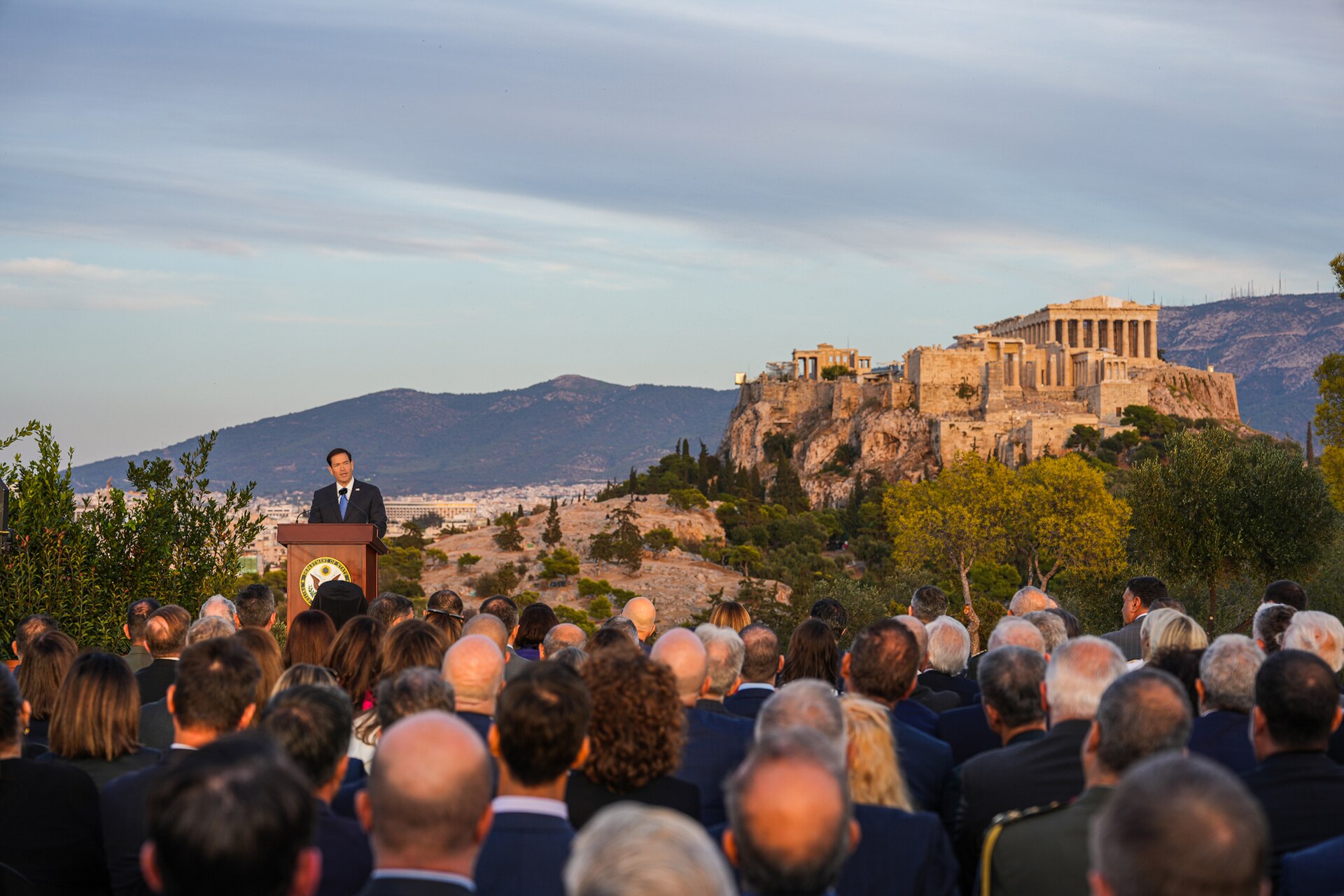 Secretary of State Marco Rubio delivering remarks from the Acropolis in Athens days before Guilfoyle's removal as ambassador to Greece