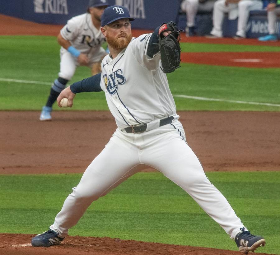 Tampa Bay Rays right-hander Drew Rasmussen, who carried a no-hitter into the eighth inning against the Yankees in ALDS Game 1
