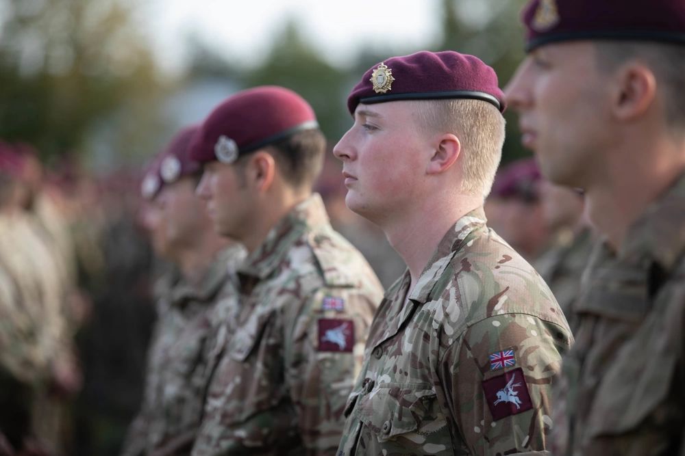 British Army paratroopers in maroon berets during Exercise Falcon Leap, illustrating the regiment in which George Hooley served
