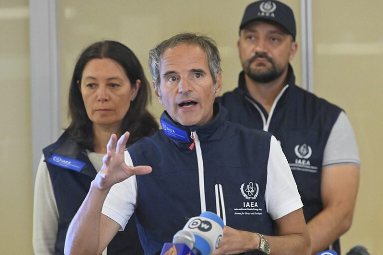 IAEA Director General Rafael Mariano Grossi briefs reporters about safety at the Zaporizhzhia nuclear plant