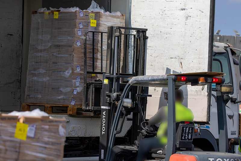 Humanitarian aid pallets staged at the Kerem Shalom crossing into Gaza — Israel closes Gaza crossings October 7 anniversary with no aid entering during the closure