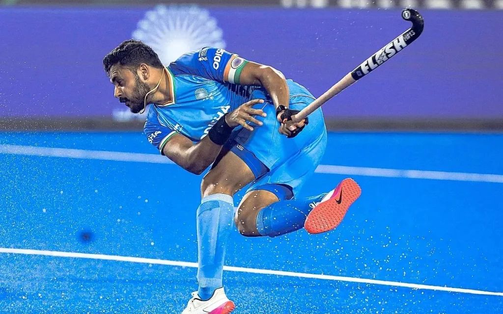 Harmanpreet Singh drag-flicks a penalty corner for India
