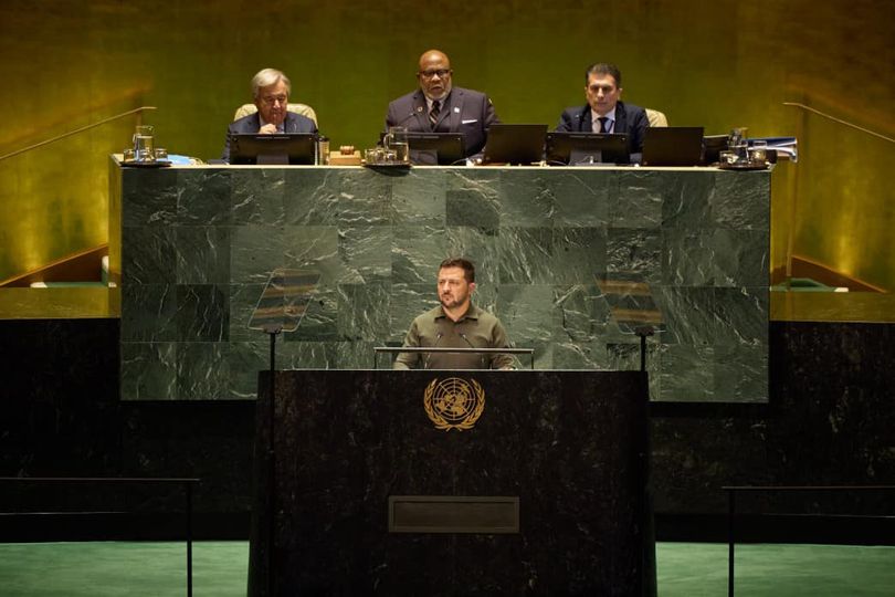 Ukrainian President Volodymyr Zelenskyy addressing the United Nations General Assembly in 2023