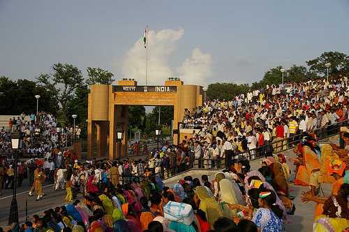 Crowd and border guards at the India Pakistan closing ceremony viewed from the Indian side