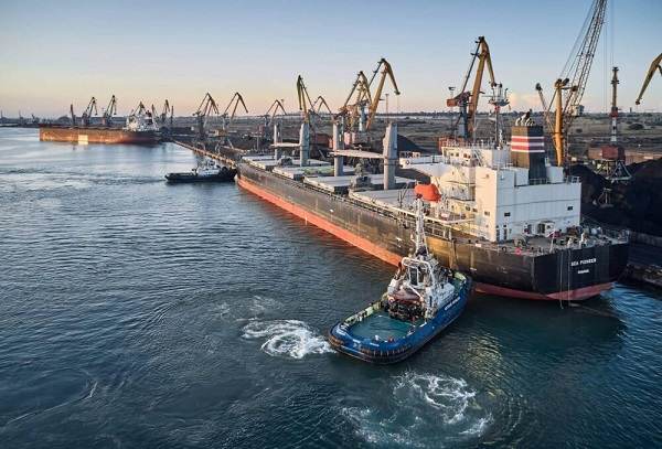 Container terminal at a Ukrainian Black Sea port after Russia said it struck cargo vessels bound for Odesa