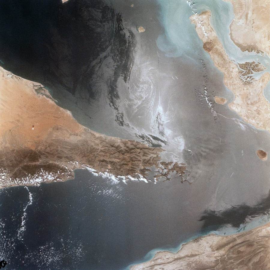 Satellite view of the Strait of Hormuz, where Chinese geospatial intelligence reportedly helped Iran track ships