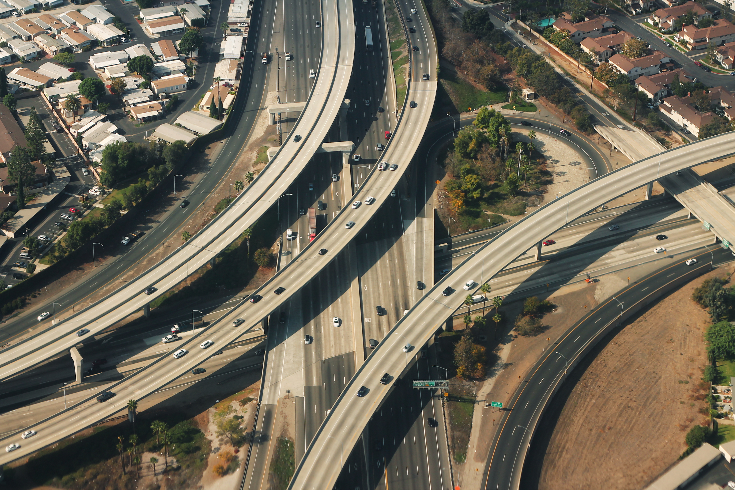 Aerial view of the Interstate 5 and State Route 55 interchange in Santa Ana, Orange County