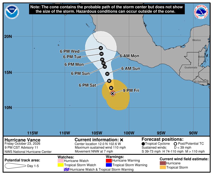 National Hurricane Center five day forecast cone for Hurricane Vance path off Mexico