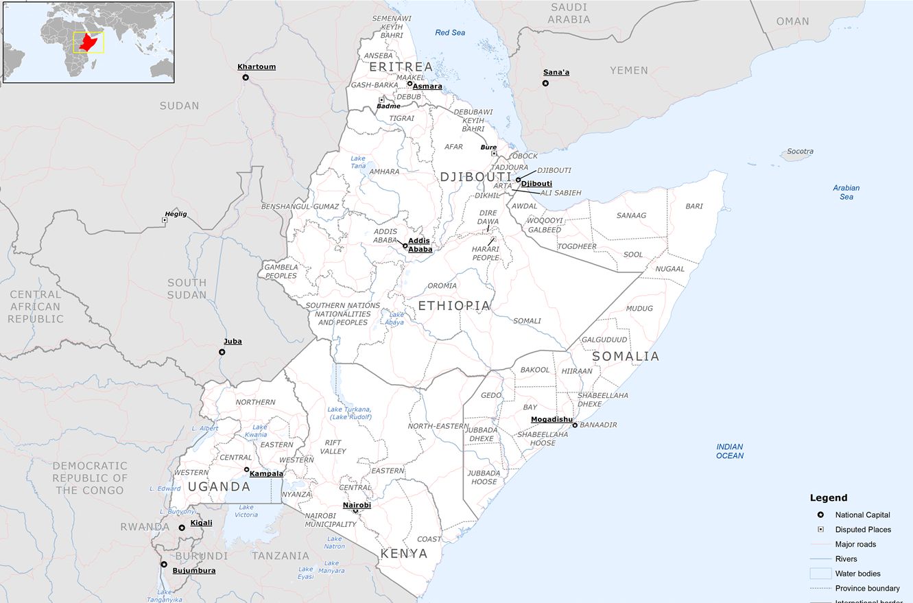 Horn of Africa map showing Ethiopia, Eritrea, Somalia, Sudan and the Red Sea approaches