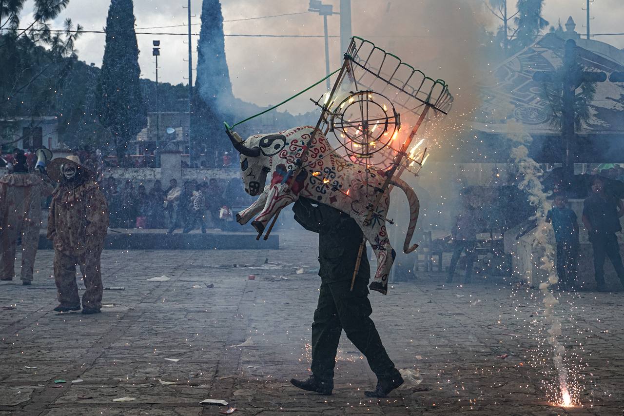 A traditional firework bull burning during a patron-saint celebration in Zinacantán, Mexico