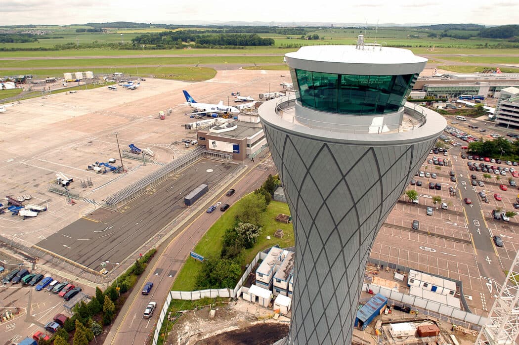 Edinburgh Airport air traffic control tower above the terminal apron