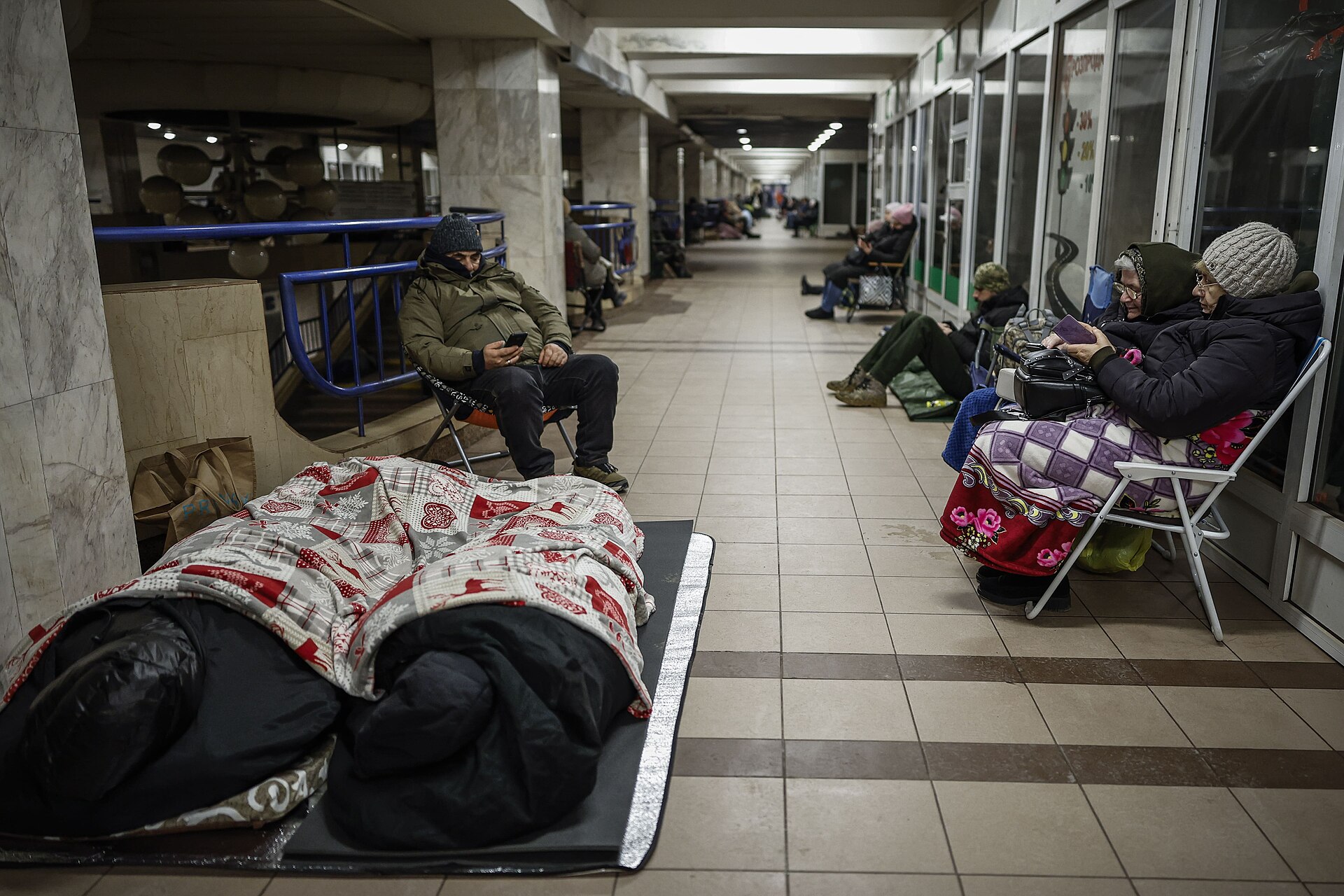 Kyiv residents sheltering in a metro station during a Russian missile attack air alert
