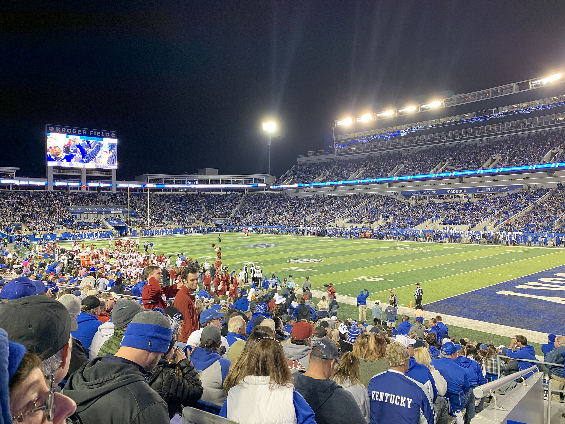 Kroger Field in Lexington at night, where the Kentucky vs Vanderbilt final score of 34-17 put Kentucky alone in first place in the SEC