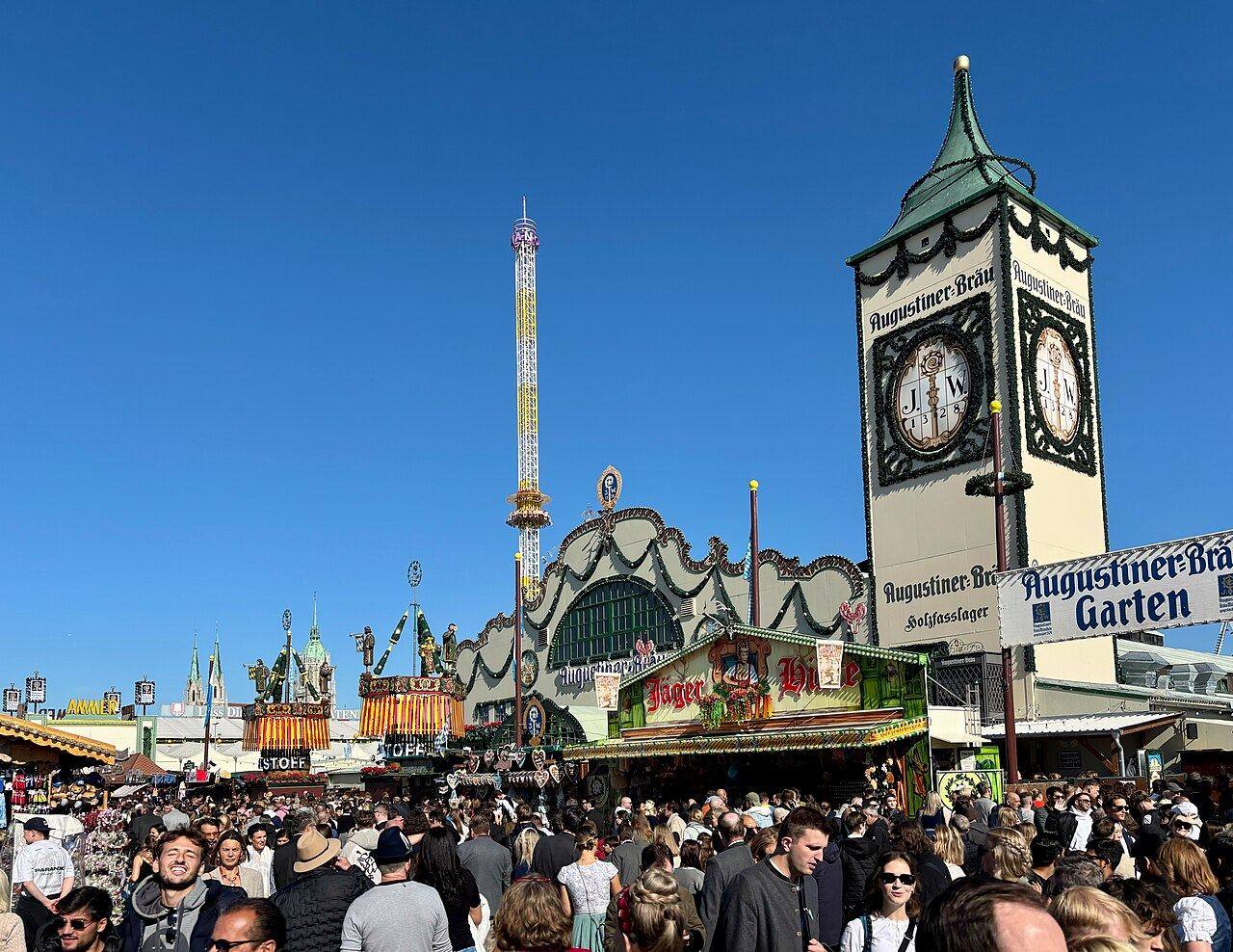 The Augustiner-Festhalle beer tent at Theresienwiese during Oktoberfest — the 2026 edition runs September 19 to October 4