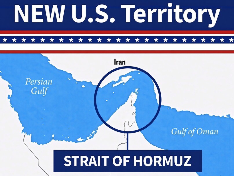 Donald Trump's Truth Social post: a Persian Gulf map with the Strait of Hormuz circled under the headline NEW U.S. Territory