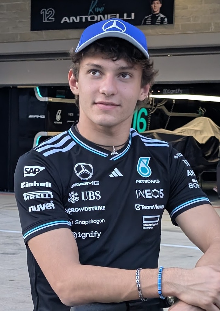 Andrea Kimi Antonelli in Mercedes team wear after extending his Formula 1 championship lead at Sepang