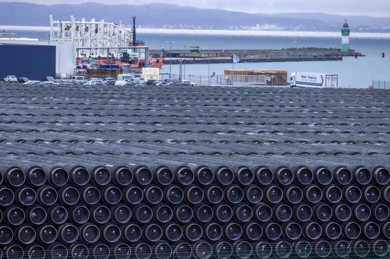 Nord Stream 2 pipes and loading facilities at the German Baltic port of Mukran
