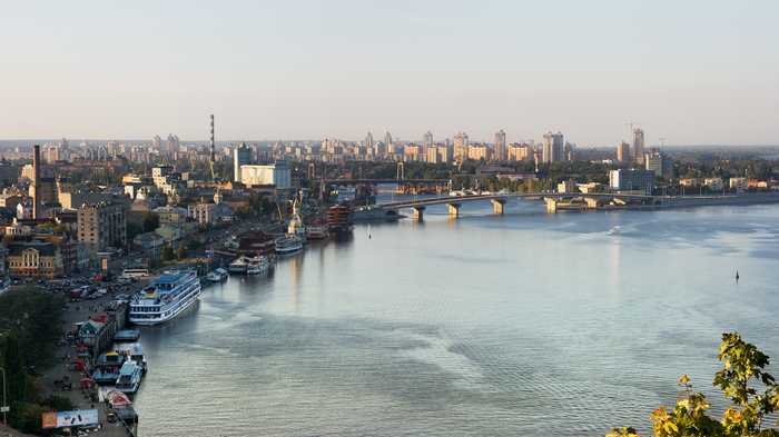The Dnipro River in Kyiv — context for the October 3, 2026 Russian strikes on the capital's bridges and infrastructure