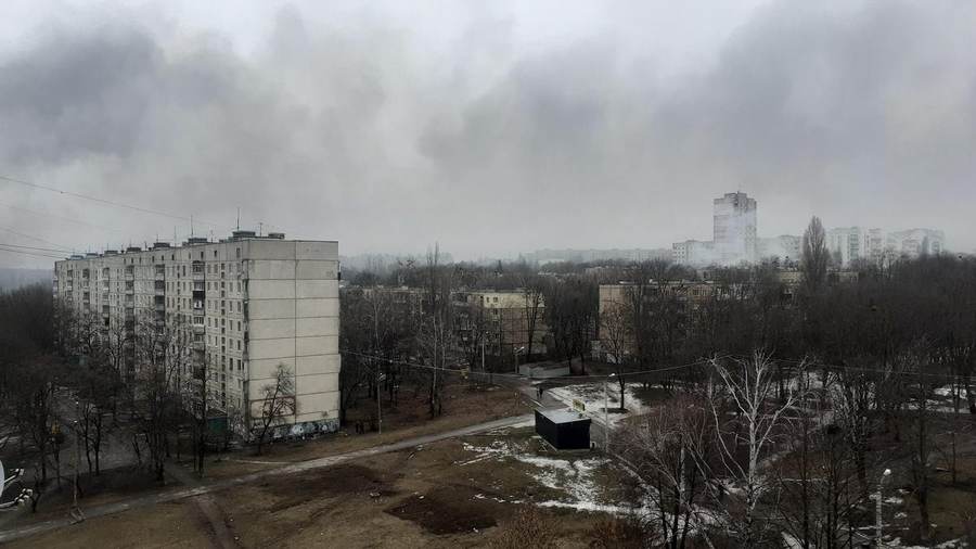 Fire in Kharkiv's 531st microdistrict after Russian shelling in March 2022 — an archive image illustrating the Saltivka residential district struck again in September 2026