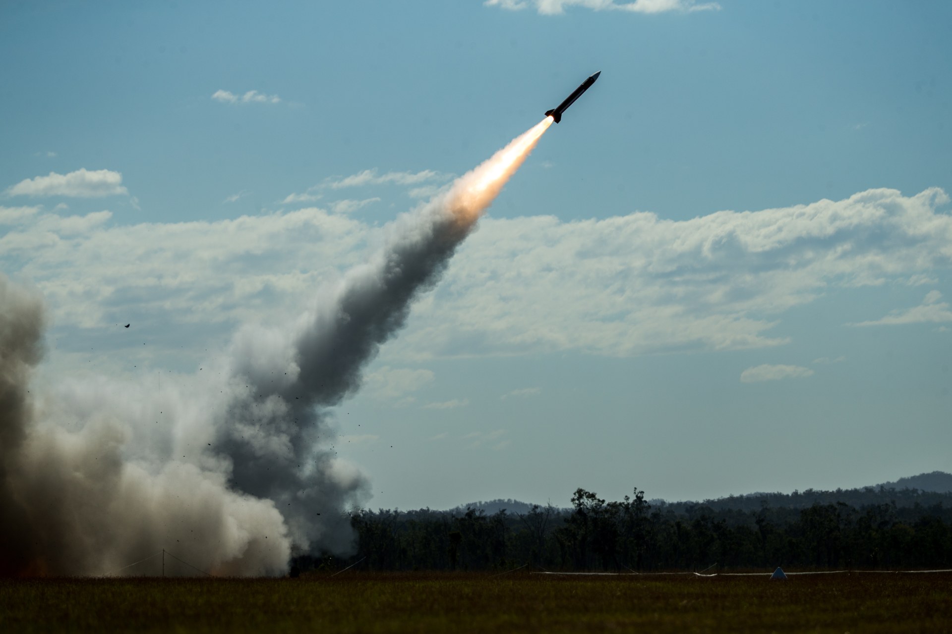 A Patriot interceptor missile in flight moments after launch during a U.S. Army live-fire exercise at Camp Growl in Queensland, Australia