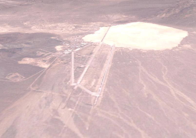 Simulated aerial view of the Area 51 base and Groom Lake in Nevada, created from NASA Landsat imagery