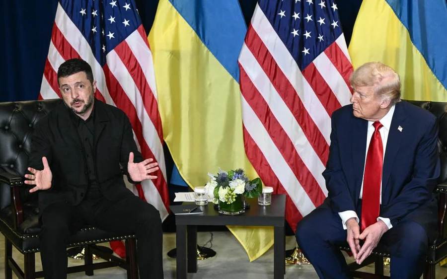 Donald Trump and Volodymyr Zelensky seated together during a United Nations General Assembly bilateral meeting