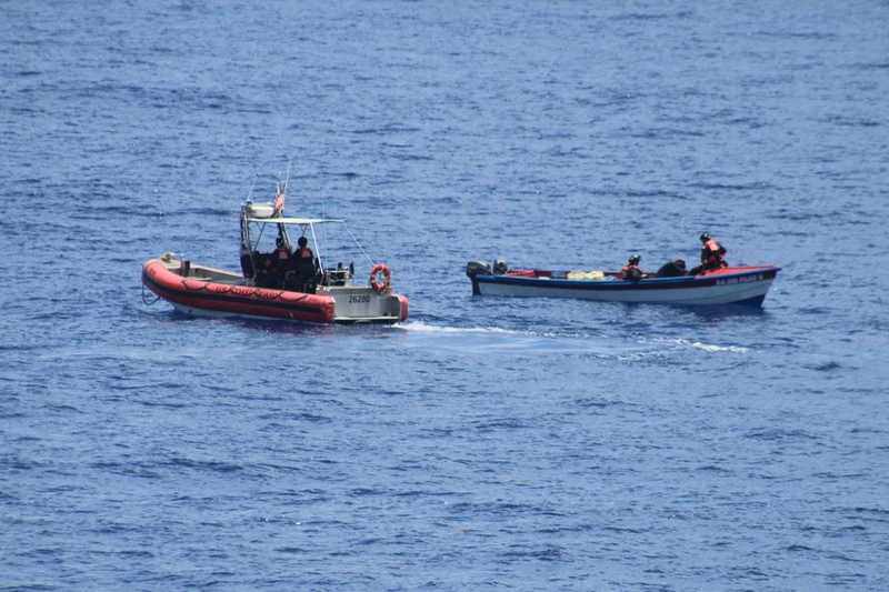 A U.S. Coast Guard cutter intercepts a suspected drug-smuggling go-fast vessel in the Caribbean Sea