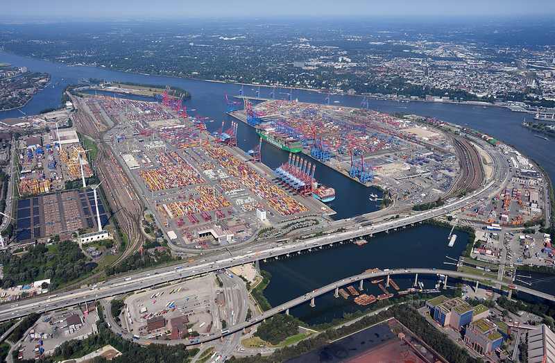 Aerial view of Hamburg's Eurogate and Burchardkai container terminals, where port cargo enters Germany's hinterland logistics network