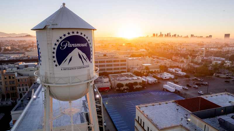 Paramount Pictures water tower marked A Skydance Corporation after the Paramount takeover