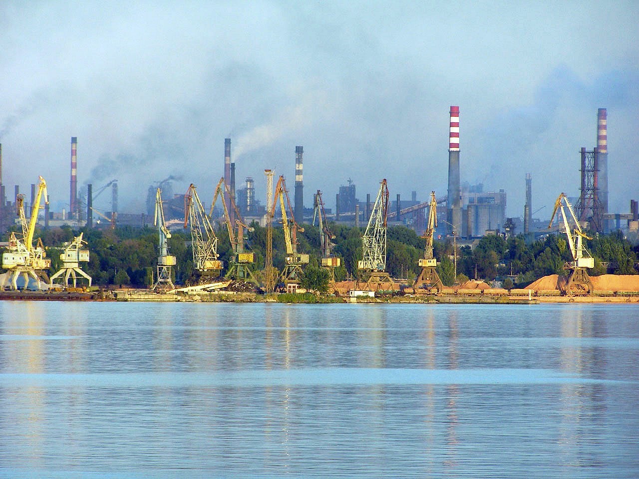 Zaporizhzhia industrial plants and river port cranes across the Dnipro, archive photo of the steel city Russia says it struck