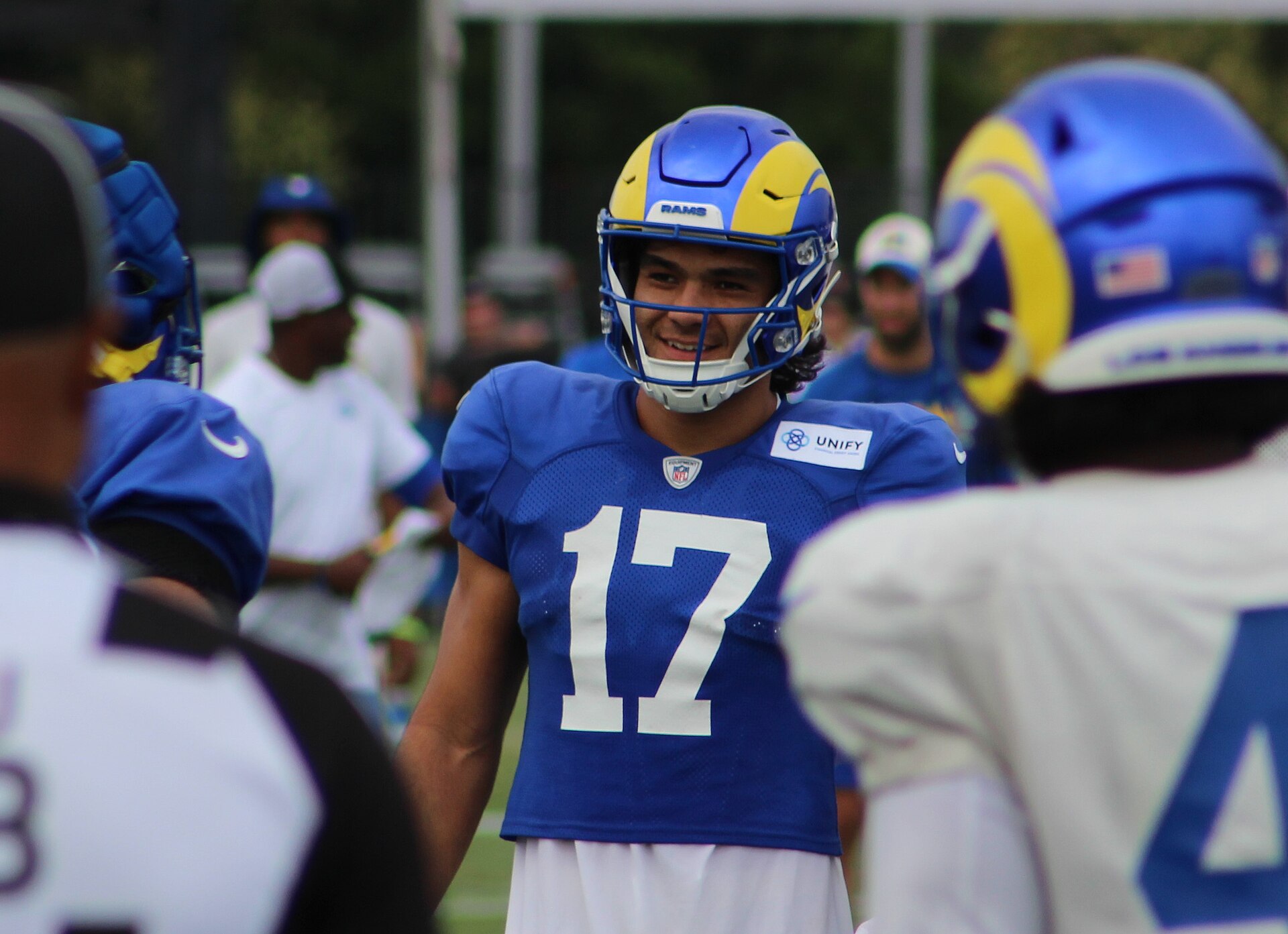 Puka Nacua, who caught Stafford's record-breaking 155th Rams touchdown pass, at Rams training camp in his original No. 17 jersey