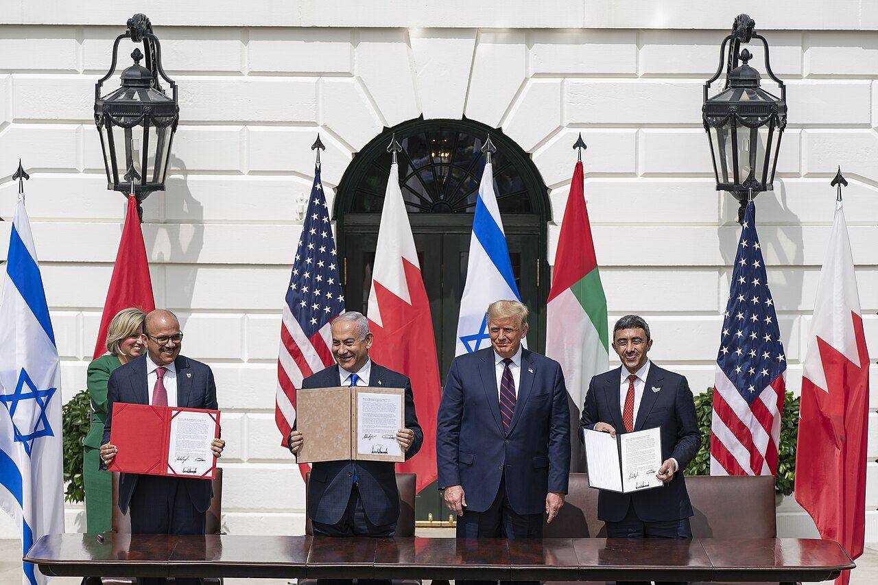 The September 15, 2020 Abraham Accords signing ceremony on the White House South Lawn — signatories held their first official meeting since October 7 in New York on September 24, 2026