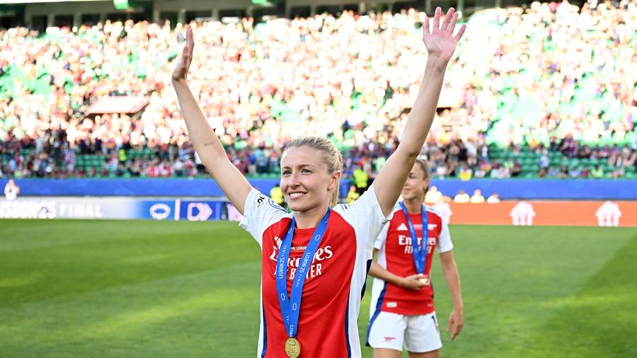 Leah Williamson celebrates with Arsenal after a UEFA Women’s Champions League final