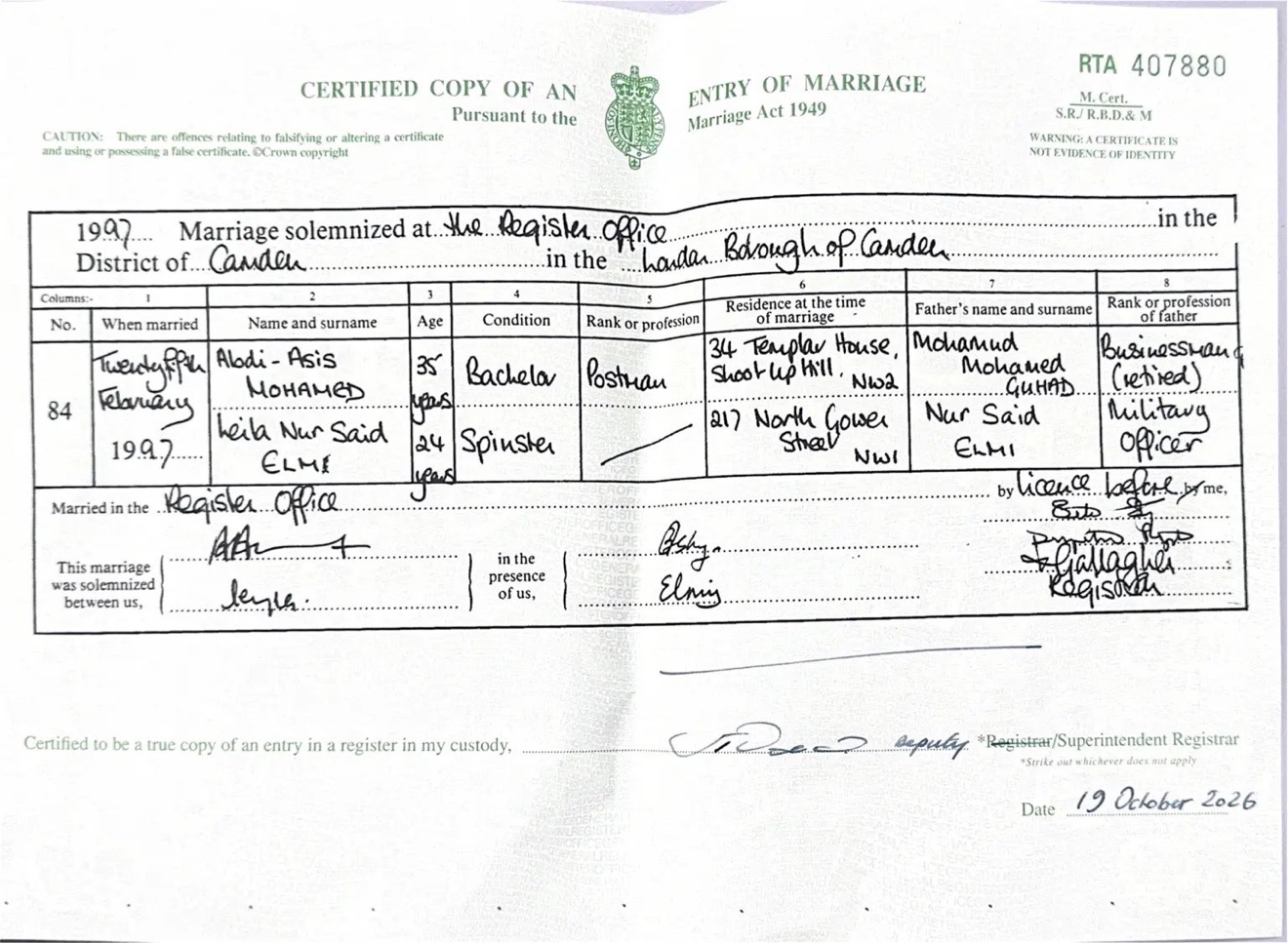 Certified copy of the 1997 Camden marriage entry for Leila Nur Said Elmi listing her father as Nur Said Elmi, military officer — the Ilhan Omar marriage certificate published by the New York Post