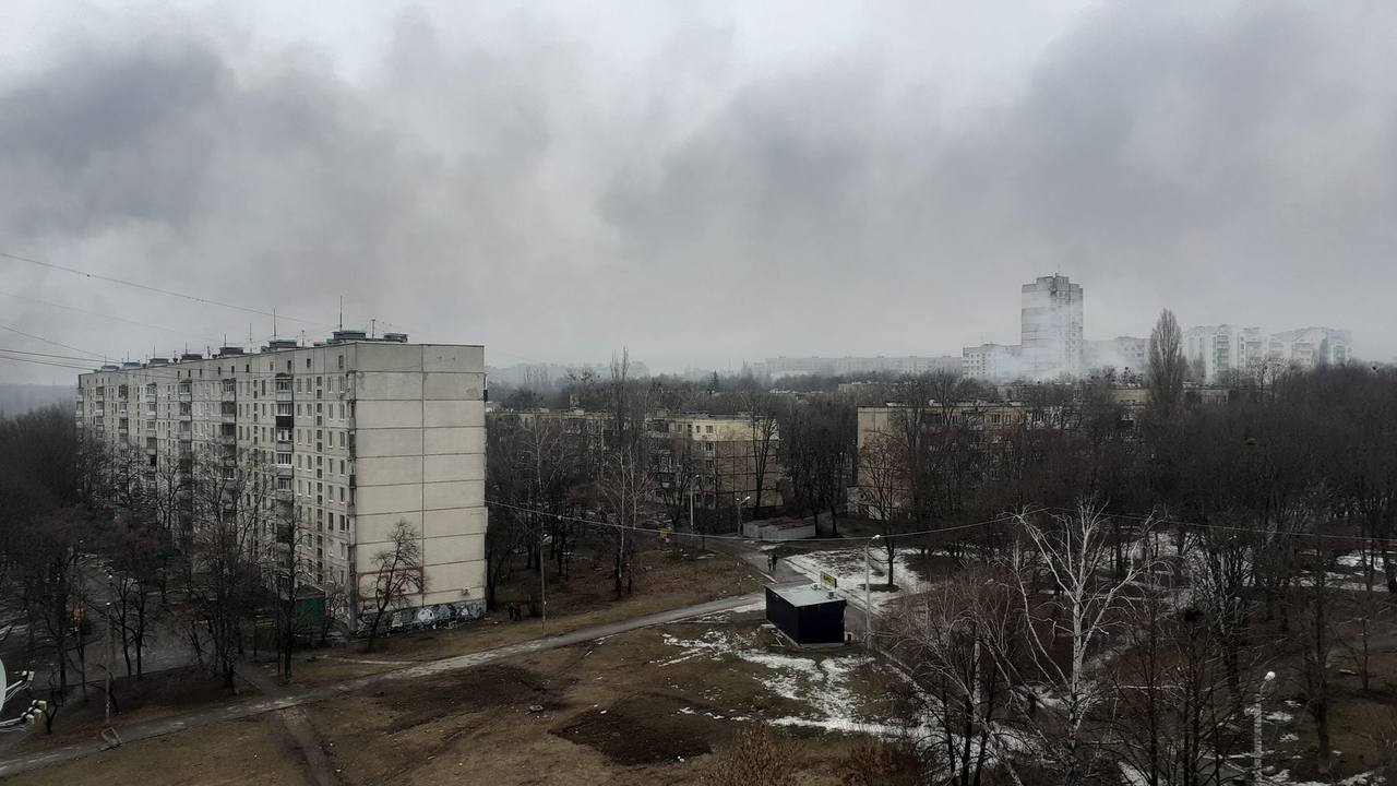 Fire in Kharkiv's 531st microdistrict after Russian shelling in March 2022 — an archive image illustrating the Saltivka residential district struck again in September 2026
